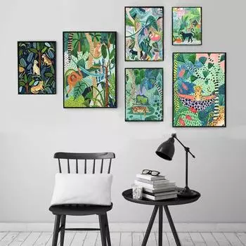 Леопардовые ботанические джунгли тропические скандинавские постеры и принты настенная живопись на холсте настенные панно для гостиной декор детской комнаты без рамки 21*30cm