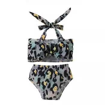 Леопардовые купальники для маленьких девочек, двухсекционные купальные костюмы «Русалка», укороченный топ с лямкой на шее и плавки бикини, детский купальник, детский солнцезащитный костюм, костюм танкини, 9 месяцев-5 лет 110