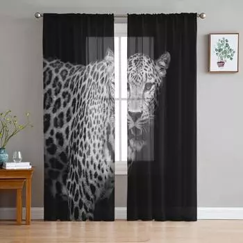 Леопардовые лесные животные в темноте Тюлевые оконные шторы для гостиной из органзы, прозрачная вуаль, занавеска для спальни, кухни, домашний декор W135 x H115cm x1