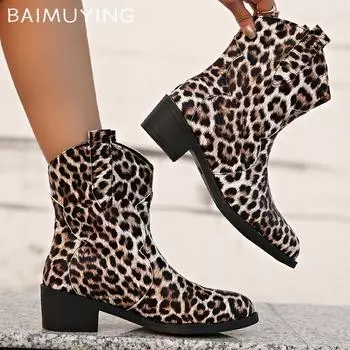 Леопардовые массивные женские ботильоны из кожи с острым носком на среднем каблуке, дизайнерская обувь 2025 года, новые зимние туфли-лодочки Chelsea Botas De Mujer 35 леопардовый
