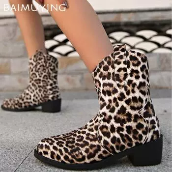 Леопардовые массивные женские ботильоны из кожи с острым носком на среднем каблуке, дизайнерская обувь 2025 года, новые зимние туфли-лодочки Chelsea Botas De Mujer 35 леопардовый