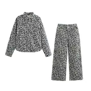 Леопардовые повседневные куртки Элегантные женские комплекты Комплект широких джинсов Пальто с длинным рукавом и отложным воротником Женские свободные брюки XS