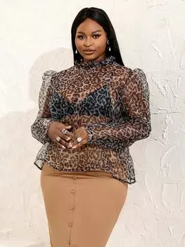Прозрачные топы с леопардовым принтом, рубашки больших размеров, прозрачный пуловер с длинными рукавами, блузка для женщин