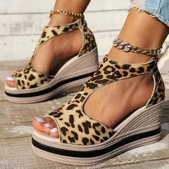 Леопардовые сандалии на платформе для женщин, с открытым носком, на высоком каблуке, на танкетке, женские гладиаторы из искусственной кожи, Sandalias De Mujer, большие размеры 43 36 чёрный