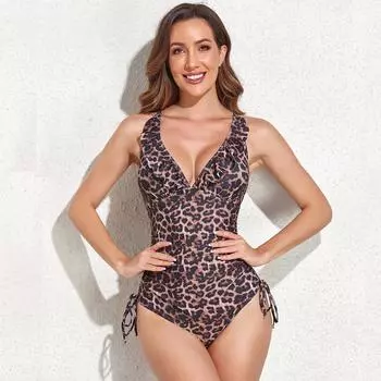 Леопардовые сексуальные купальные костюмы, летний цельный купальник, женский купальник с рюшами и v-образным вырезом, пляжный женский боди, купальник S