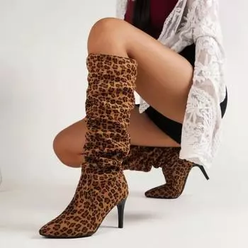 Леопардовые сексуальные высокие сапоги челси женские туфли на высоком каблуке с острым носком модные зимние новые трендовые туфли туфли-лодочки женская обувь 35