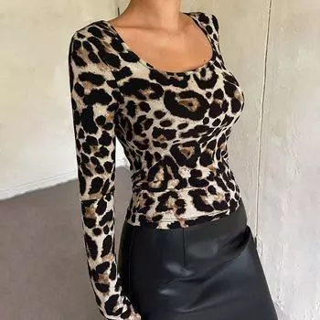 Леопардовые топы с длинным рукавом, винтажные удобные эластичные облегающие джемперы S