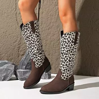 Леопардовые туфли на среднем каблуке, женская обувь, сапоги до середины икры, тренд 2025 года, дизайнерские гладиаторы, массивные ботинки в стиле вестерн, новые туфли-лодочки, челси, Botas Mujer 36 коричневый