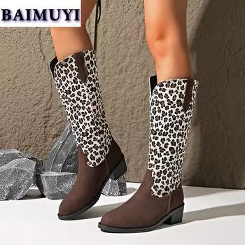 Леопардовые туфли на среднем каблуке, женская обувь, сапоги до середины икры, тренд 2025 года, дизайнерские гладиаторы, массивные ботинки в стиле вестерн, новые туфли-лодочки, челси, Botas Mujer 36 чёрный