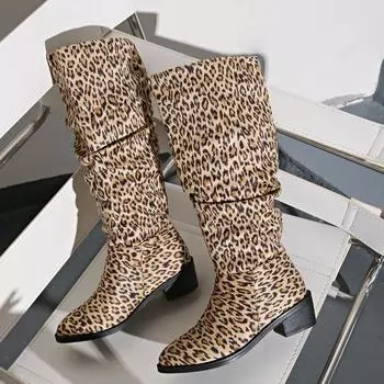 Леопардовые туфли на высоком каблуке женские высокие сапоги с острым носком массивные туфли зима 2025 тренд готика повседневные туфли выше колена челси Botas Mujer 36 леопардовый