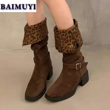 Леопардовые высокие каблуки женские высокие сапоги дизайнерская обувь 2025 тренд зимние брендовые замшевые массивные ботинки челси туфли-лодочки Mujer Western Botas 35 коричневый
