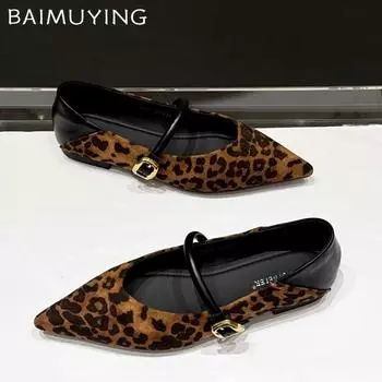 Леопардовые замшевые женские туфли на плоской подошве с острым носком, элегантные туфли с пряжкой, тренд 2025 года, дизайнерское платье, зимние новые женские туфли 35 чёрный