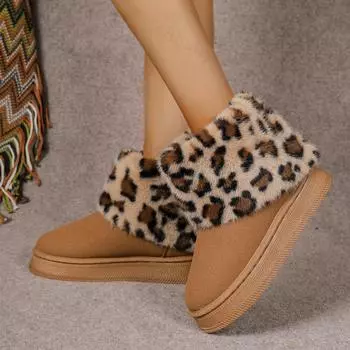Леопардовые женские ботильоны из меховой замши, новинка 2024 года, модная теплая обувь на платформе, зимние короткие плюшевые ботинки, повседневные женские сапоги 36 чёрный