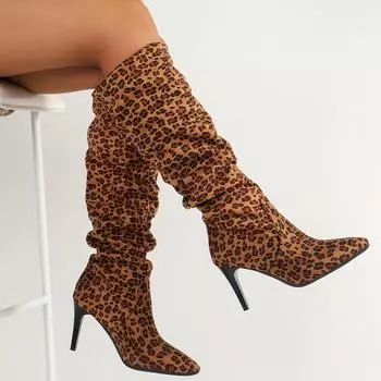 Леопардовые женские замшевые сапоги челси до колена, сексуальные туфли с острым носком на высоком каблуке, зимняя мода, новый тренд, дизайнерские туфли в готическом стиле 35