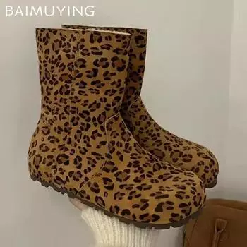 Леопардовые зимние ботильоны женские туфли на плоской подошве замшевые туфли женские трендовые зимние новые ботинки челси теплые удобные мотоциклетные ботинки Botas De Mujer 35