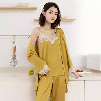 Леопардовый атласный шелковый пижамный костюм для женщин на весну и лето тонкий халат на подтяжках брюки костюм-тройка домашняя одежда L