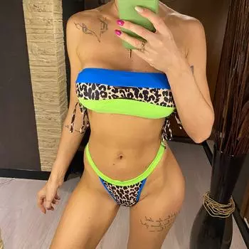 Леопардовый бандо сращивание бикини женский купальник женский купальник из двух частей бикини комплект без бретелек купальный костюм купальный костюм S леопардовый