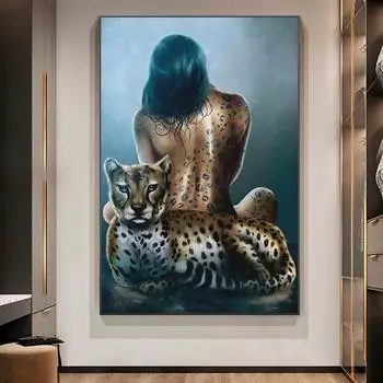 Леопардовый интерьерный холст с изображением животного, сексуальное тело, обнаженная женщина, настенное искусство, постер, печать, настенная картина для гостиной, украшение дома, без рамки 21*30cm No Frame