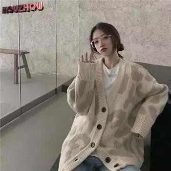 Леопардовый кардиган, винтажный офисный женский свитер с v-образным вырезом и длинными рукавами, свободный свитер с заниженными плечами, осенне-зимний кардиган, топ S бежевый