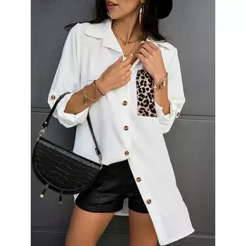 Леопардовый карман Лоскутная Длинные рубашки Эстетическая одежда Модные блузки Весна Осень Свободные Длинные рукава Элегантная верхняя рубашка XXXL чёрный