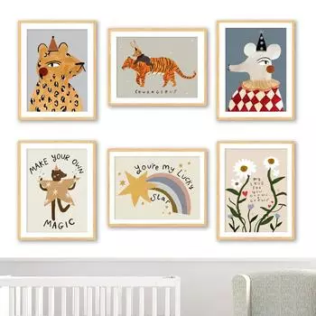 Леопардовый кролик, медведь, тигр, мышь, Радуга, забавная настенная живопись на холсте, постеры на скандинавскую тему и принты, настенные панно, декор для детской комнаты A4 21X30cm No Framed
