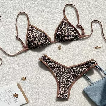 Леопардовый купальник бикини на шнуровке 2025: Европейский и американский женский пляжный купальник высокого класса Medium цветной печати леопарда