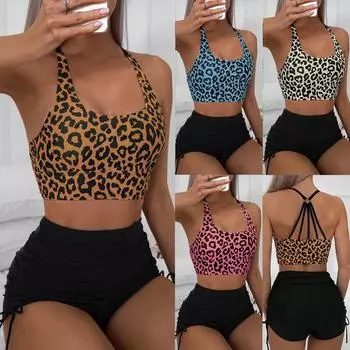 Леопардовый купальник, женский купальник с высокой талией, 2024, сексуальный купальник с открытой спиной, пляжная одежда, женские купальщики, купание, лето S