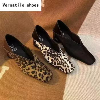 Леопардовый квадратный носок на высоком каблуке женские лоферы обувь трендовый дизайнер замшевые мюли сексуальные туфли туфли на каблуках неглубокие толстые тапочки женские 35