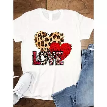 Леопардовый Любовь Тренд 90-х Женская модная одежда Футболка Топ Повседневные футболки с коротким рукавом Графические футболки Женская мультяшная женская одежда XXL