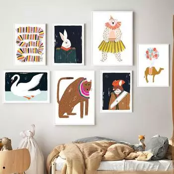 Леопардовый медведь, лиса, кролик, лебедь, детская, скандинавский плакат с принтом, абстрактное животное, настенная живопись, холст, картины, декор для детской комнаты A4 21X30cm No Framed