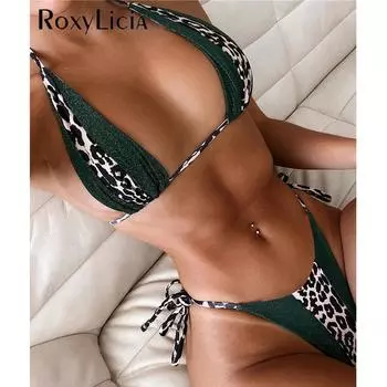 Леопардовый мини-стринги с лямкой на шее, женский купальник, женский купальник, комплект бикини из двух предметов, купальный костюм для плавания S леопардовый