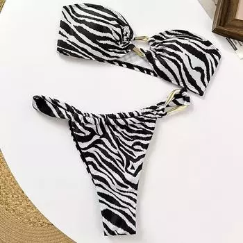 Леопардовый модный купальник для пляжной вечеринки для женщин 2025 года, новый купальник со шнуровкой и треугольными чашечками, пляжный сексуальный купальник, весенние комплекты бикини S чёрный/белый