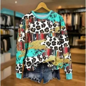 Леопардовый пэчворк Женская толстовка с капюшоном Осень и зима Круглый вырез Длинные рукава Цветной принт Повседневная одежда Мода Оверсайз St S