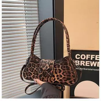 Леопардовый принт 2024 осень новая модная универсальная нишевая сумка-мессенджер с французским бантом под мышкой на одно плечо женская сумка чёрный