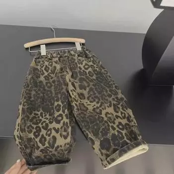 Леопардовый принт для мальчиков, повседневные брюки из денима с флисовой подкладкой для осени и зимы Size 140
