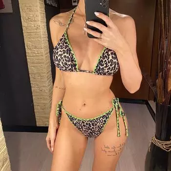 Леопардовый принт халтер бикини женский купальник женский купальник из двух частей бикини комплект с бретельками мягкий купальный костюм плавание S леопардовый