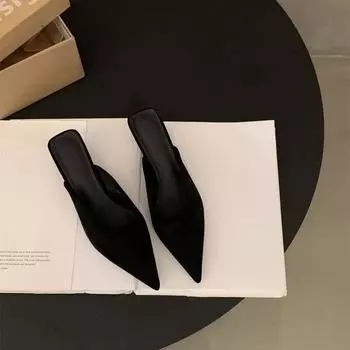 Леопардовый принт, каблук-рюкзак, темперамент, французская сумка, полутапочки, женская обувь, новинка осени 2024 года, туфли с острыми каблуками 34 чёрный