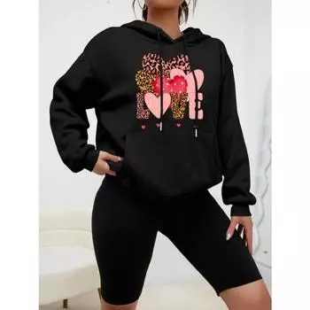 Леопардовый принт Любовь Креативное сочетание Дизайн Женская уличная одежда Индивидуальность Флисовая толстовка с капюшоном Креативность Модная одежда Новый пуловер S