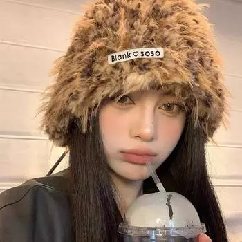 Леопардовый принт Майяра плюшевая панама женская новинка 2024 года осень-зима большая окружность головы шерстяная шапка теплая шапка прилив M (56-58cm) letter sticker labeled SOSO кофейный