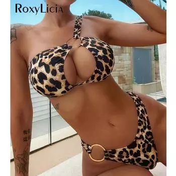 Леопардовый принт на одно плечо с вырезами, женский купальник, женский купальник, комплект бикини из двух частей, купальный костюм для плавания S леопардовый