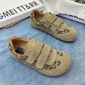 Леопардовый принт немецкие кроссовки женские большие ретро-кроссовки 2025 весна новые повседневные кроссовки на липучках из матовой кожи 35 хаки