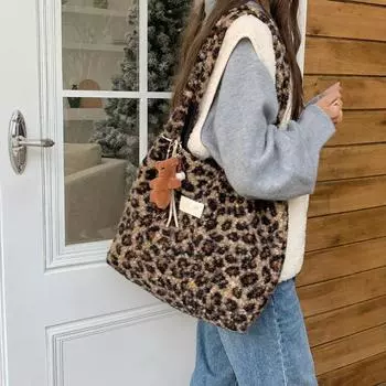 Леопардовый принт плюшевая сумка женская зимняя сумка-тоут в стиле преппи сумка через плечо из меха коричневый