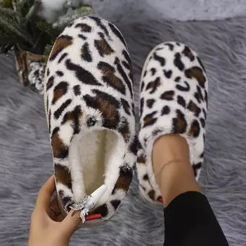 Леопардовый принт Плюшевые ботильоны женские зимние с круглым носком сохраняют тепло хлопчатобумажные туфли женские повседневные прогулочные туфли без застежек женские 36 бежевый