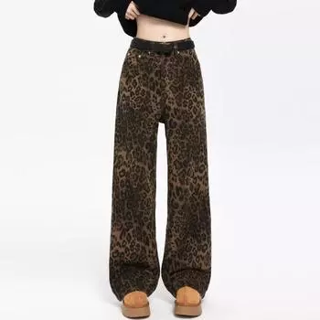Леопардовый принт прямые повседневные брюки для мужчин и женщин новый американский ретро-дизайн комбинезоны S цветной печати леопарда