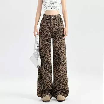 Леопардовый принт широкие джинсы женские осень 2024 новые американские свободные повседневные прямые брюки с высокой талией S дубильная кора