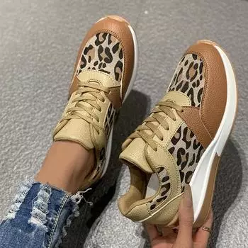 Леопардовый принт шнуровка с покатым каблуком платформа повседневные кроссовки женские большие размеры всесезонные одинарные туфли кроссовки Tide 36 цветной печати леопарда