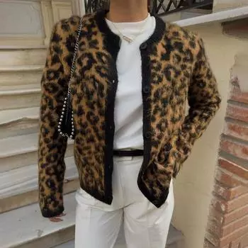 Леопардовый принт вязаный кардиган женский свободный с круглым вырезом и длинным рукавом повседневный свитер с цветными блоками модный кардиган на пуговицах свитер S