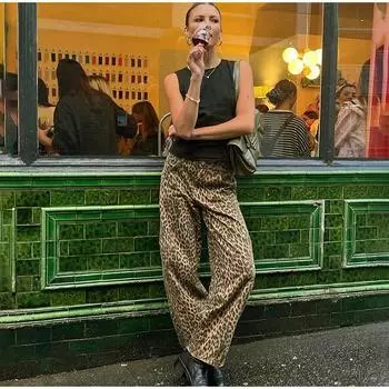 Леопардовый принт женские брюки Весенний шик свободные брюки пантера с высокой талией широкие брюки женские модные уличные джинсы брюки S