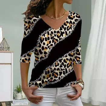 Леопардовый принт женские футболки женские топы с длинным рукавом V-образный вырез пуловер женские футболки футболка для женщин XS зелёный