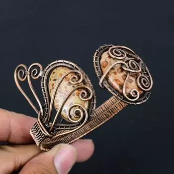 Леопардовый яшмар, драгоценный камень, чистая медная проволока, завернутая в манжеты/браслет ручной работы, ювелирные изделия Adjustable коричневый